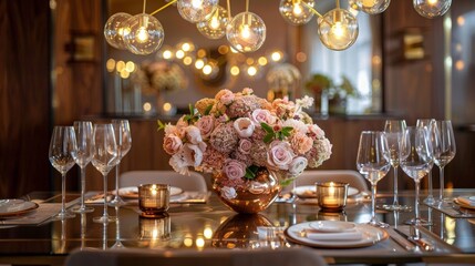 A luxurious dining room is set with a striking table made of polished copper its reflective surface casting a warm glow over the elegant place settings and floral centerpieces. Above . - obrazy, fototapety, plakaty