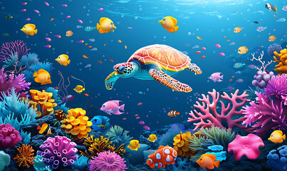 Fototapeta na wymiar turtle with group of colorful fish and sea animals with colorful coral underwater in ocean. Generative Ai