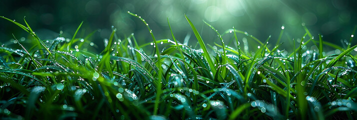 A macro closeup photo of green grass with natural sun light and dew on it in a rainy day 