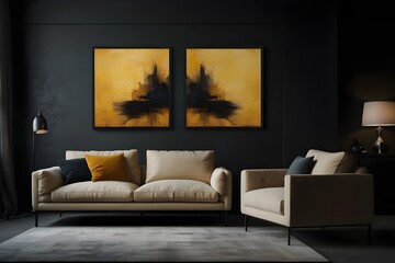 Living room with 3 three accent canvas square painting picture. Frames for art on a black wall. Gallery in dark colors with a light yellow sofa or couch. Rich exhibition mockup layout triptych