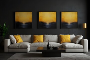 Living room with 3 three accent canvas square painting picture. Frames for art on a black wall. Gallery in dark colors with a light yellow sofa or couch. Rich exhibition mockup layout triptych