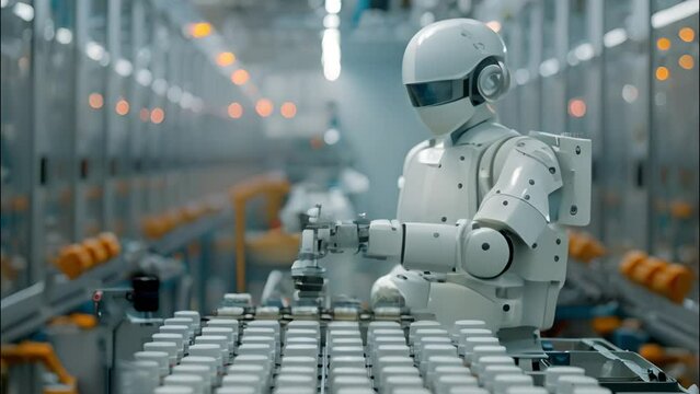 Futuristic industrial robots operating on a factory floor. automation and smart manufacturing concept