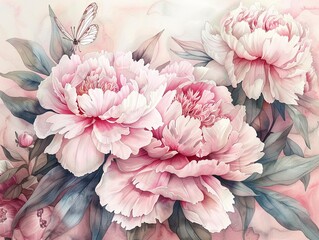 A watercolor painting of pink peonies with a delicate butterfly