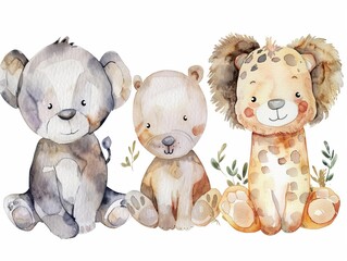 Fototapeta premium Adorable baby animal stickers in watercolor soft fur