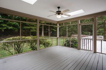 Screened-In Porch with A Ceiling Fan, View of Lush Trees Through the Mesh, Skylights with Natural...