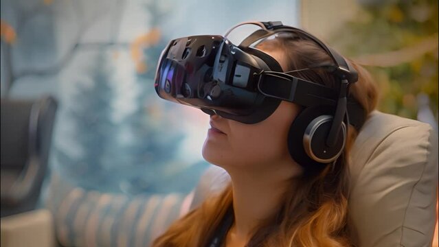 woman with VR headset immersed in VR virtual simulation in the house