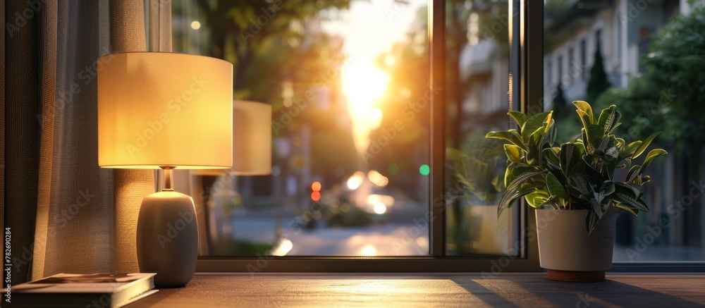 Aufkleber a simple yet elegant lamp sitting on top of a table, positioned near a window that allows natural li