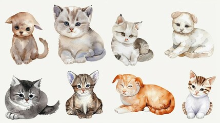 Cute domestic animals sticker pack in watercolor cozy home feel