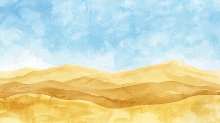 Desert dunes in golden watercolor under a blue sky