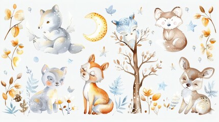 Naklejka premium Dreamy night animal stickers in watercolor moonlit scenes