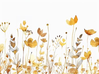 Gold watercolor meadow with swaying wildflowers - obrazy, fototapety, plakaty