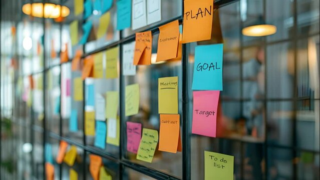 A glass wall covered with multi-colored sticky notes, symbolizing brainstorming and project planning in a modern office environment.