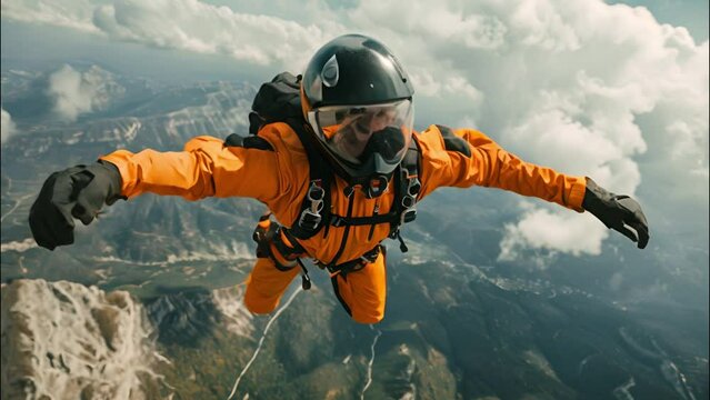 An adrenaline-filled scene with a skydiver in a vibrant orange suit and helmet free falling above mountainous terrain.
