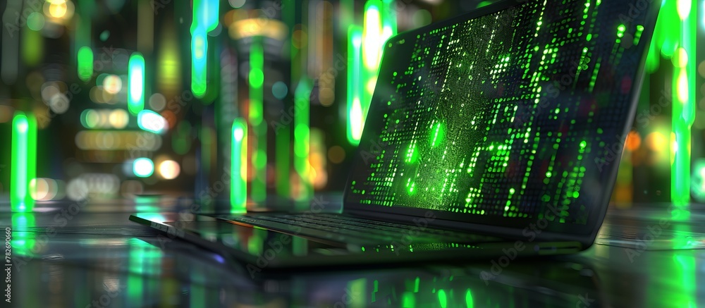Poster a modern laptop computer placed on top of a wooden table in a close-up view