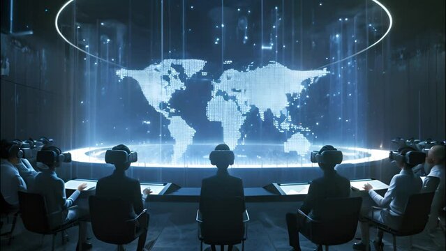 many people sitting front of world map holograms. online business conference video meeting . video conference and meeting concept.
