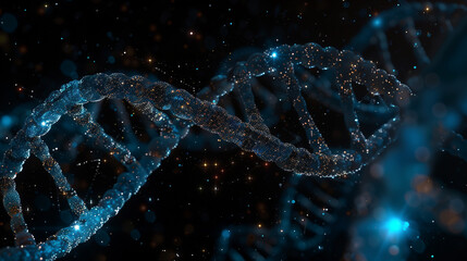A double helix DNA structure with glowing particles and stars on a black background, Generative AI
