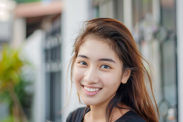 Close up headshot portrait of Asia woman smiling.