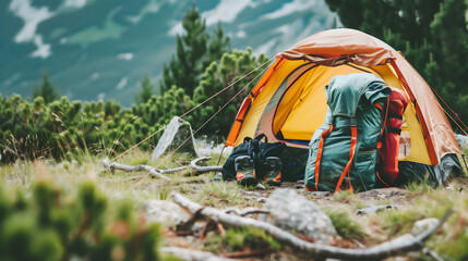 Tent and gear equipment for mountain camping landscape.