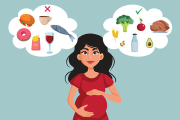 Pregnant Woman Thinking about What She should Eat Vector Illustration. Mother to be choosing different meals rejecting unhealthy ones 
