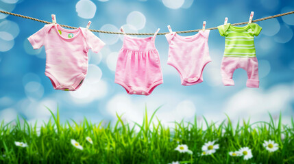 Baby clothes hanging on rope on green grass background.
