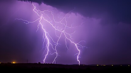 Naklejka premium Two large lightning bolts striking the ground at the night sky, with one lightning bolt hitting and another pointing down at the night sky.