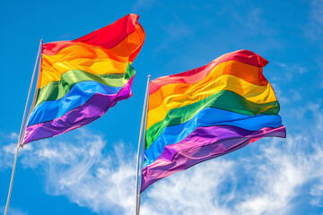 Twin Rainbow Flags Against Blue Sky, LGBTQ+ Pride and Freedom
