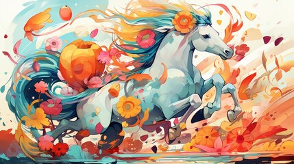 Horse in the Park: A Funny Cartoon Illustration of a Horse Enjoying a Day Out on the Street, Surrounded by Flowers and Nature