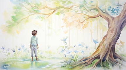 Obraz na płótnie Canvas A child with the gift of healing restoring a wilted forest back to its lush, vibrant state watercolor tone, pastel, 3D Animator