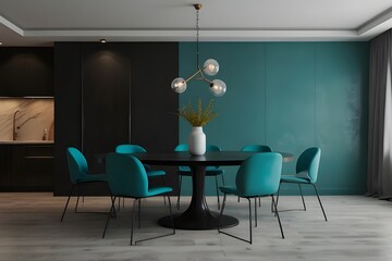 Meeting area or diningroom with large black round table and teal cyan chairs. Empty wall turquoise azure paint color accent. Dinning modern kitchen interior home or cafe. Mockup for art