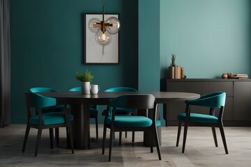 Meeting area or diningroom with large black round table and teal cyan chairs. Empty wall turquoise azure paint color accent. Dinning modern kitchen interior home or cafe. Mockup for art