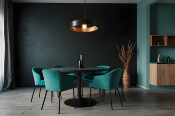 Meeting area or diningroom with large black round table and teal cyan chairs. Empty wall turquoise azure paint color accent. Dinning modern kitchen interior home or cafe. Mockup for art