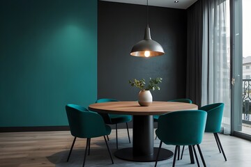 Meeting area or diningroom with large black round table and teal cyan chairs. Empty wall turquoise azure paint color accent. Dinning modern kitchen interior home or cafe. Mockup for art