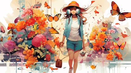 City Girl Embracing Autumn Beauty: Illustration of a fashionable woman enjoying the fall season among city trees, her hair adorned with yellow leaves, embodying the essence of nature's transition