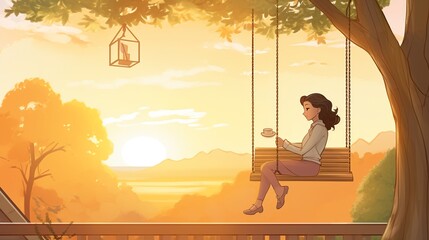 A woman enjoying a serene moment on a porch swing, enveloped in the warm, golden hues of the setting sun  watercolor tone, pastel, 3D Animator