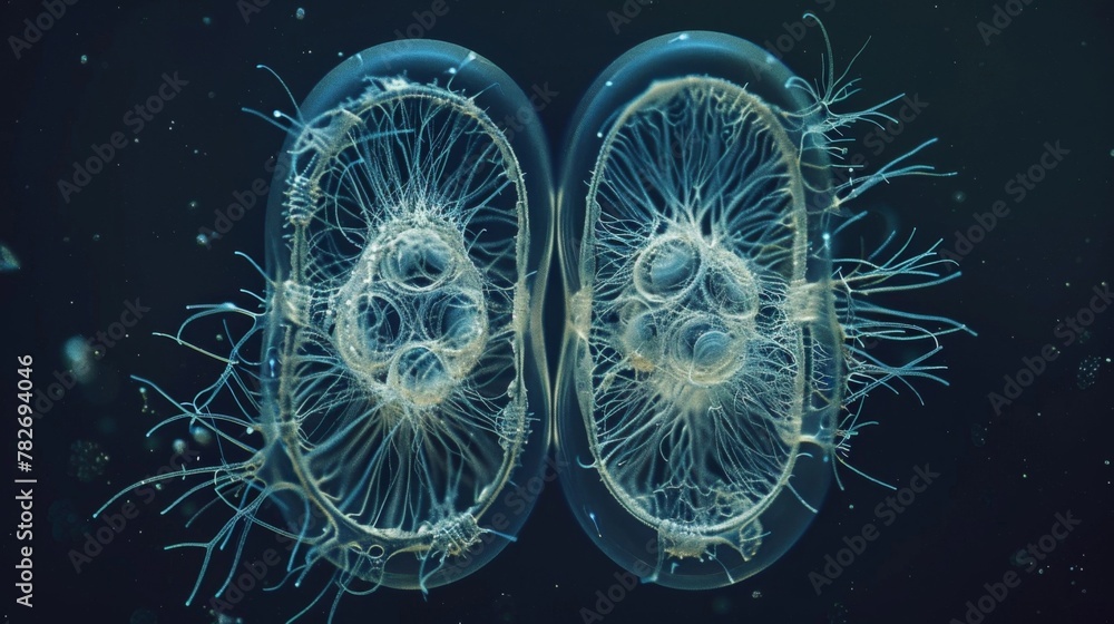 Poster a timelapse sequence of a paramecium dividing into two daughter cells highlighting the process of bi