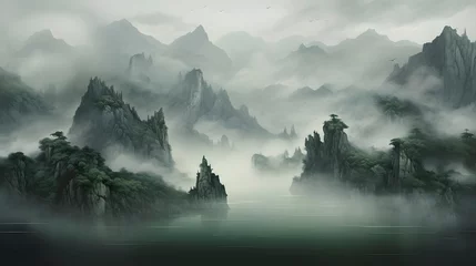 Outdoor kussens Digital traditional Chinese ink painting landscape map abstract graphic poster web page PPT background © JINYIN