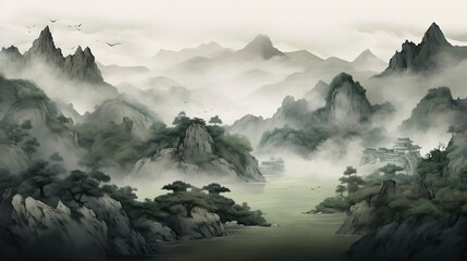Digital traditional Chinese ink painting landscape map abstract graphic poster web page PPT background