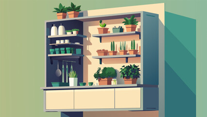 A small kitchen with limited counter space cleverly utilizes a vertical e rack to create a mini herb garden. Each shelf contains small pots of