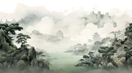 Fotobehang Digital traditional Chinese ink painting landscape map abstract graphic poster web page PPT background © JINYIN