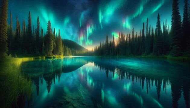 A crystal-clear lake in a pristine forest at midnight, mirroring a sky of vibrant auroras