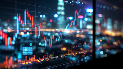 Stock market chart overlay on night city skyline. Financial investment and trading concept. Blurred cityscape with digital financial graph, economic analytics, and data visualization background