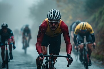 Cyclists Racing Through Misty Conditions