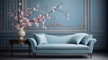A serene soft blue sofa blending harmoniously into a tranquil blue environment. 