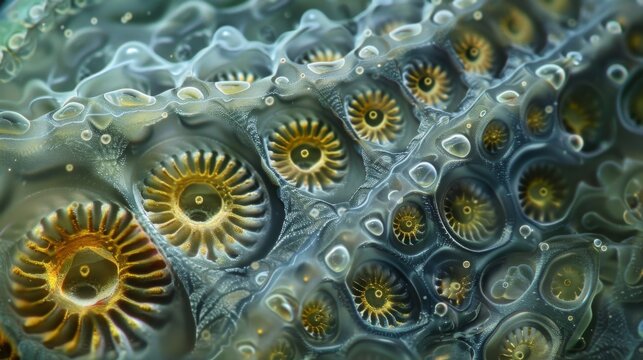 A closeup of a ciliates armorlike outer shell which is adorned with intricate designs and patterns that resemble those of ancient