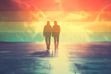 Couple Walking Hand in Hand, Rainbow Horizon, LGBTQ Equality Journey - obrazy, fototapety, plakaty