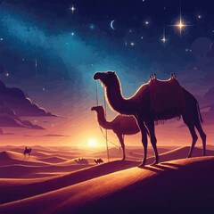 Vector camels in the night desert starry sky