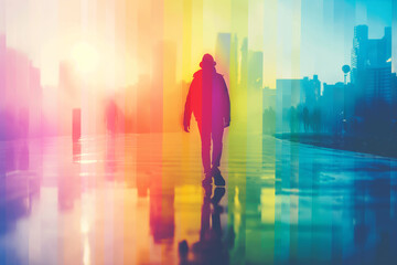 Silhouette of a Lone Figure Against a Rainbow Cityscape, LGBTQ Urban Life