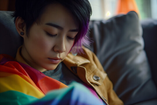Introspective Individual Wrapped in Pride Flag, LGBTQ Quiet Moment - Powered by Adobe
