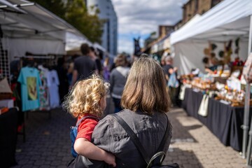 Weekend country market in a park in Australia. Family’s and people at a Farmers market selling fruit and vegetables