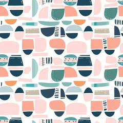 A seamless pattern of geometric shapes and forms in pastel pink, peach, teal, and navy blue on a white background. 